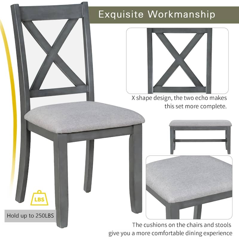6 Pcs Dining Room Table Set with Foldable Table, Solid Wood Kitchen Dining Table Set with Bench and 4 Upholstered Chair