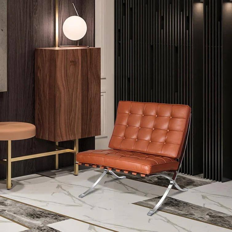 Mid Century Tufted Top Grain Leather Upholstered Lounge Chair