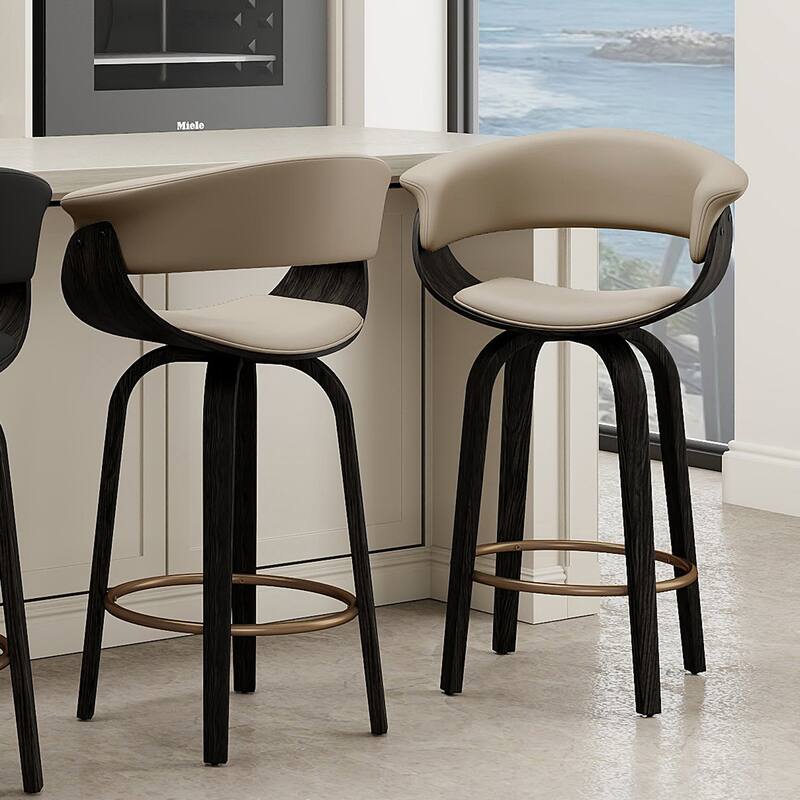 Mid-Century Modern Faux Leather & Bentwood 26" Counter Stool with Swivel, Set of 2