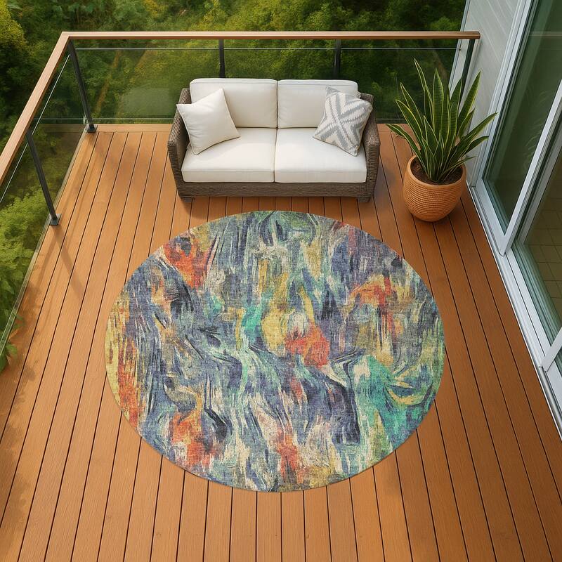 Machine Washable Indoor/ Outdoor Brushstrokes Modern Chantille Rug - Denim - 8' x 8'