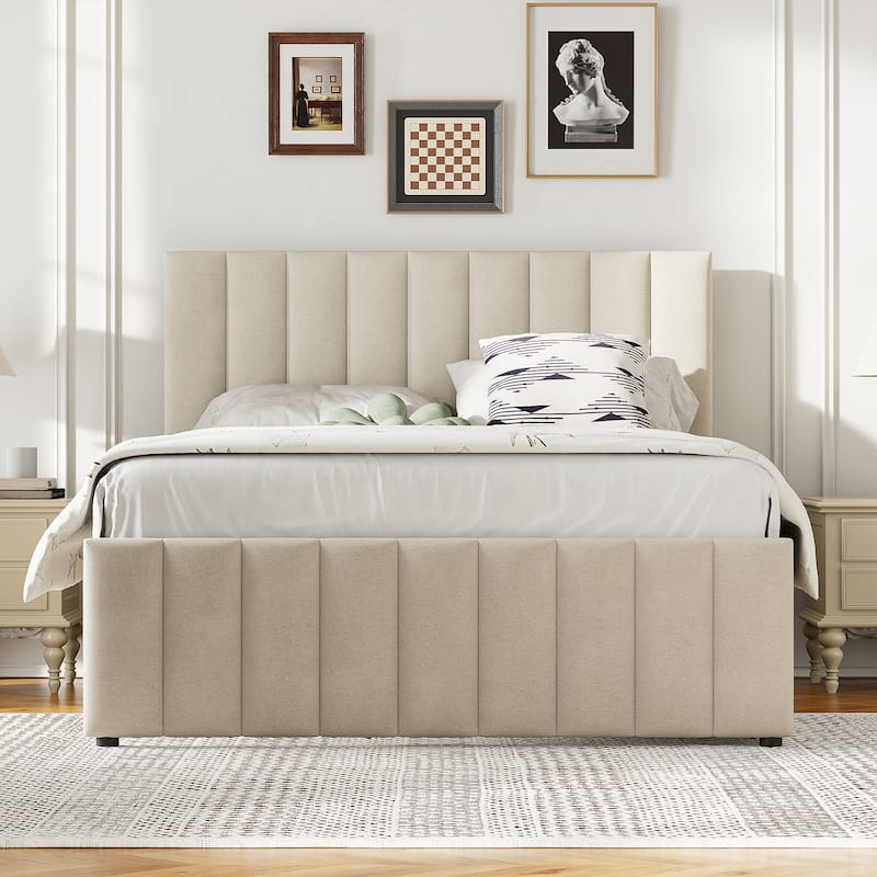 Full Size Upholstered Platform Bed with Twin Size Trundle,Beige