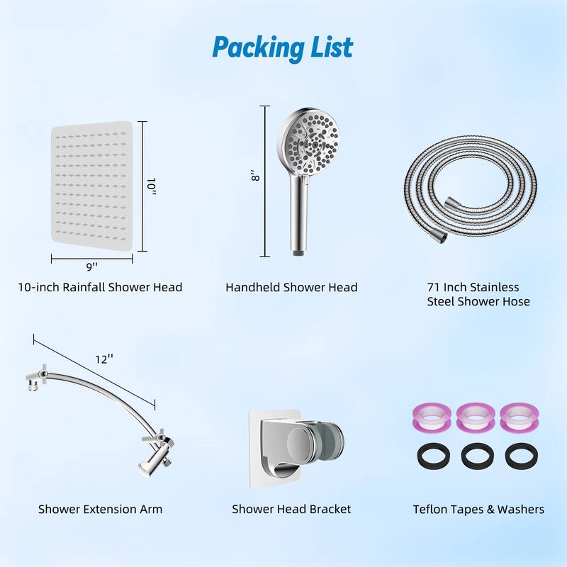 Metal 10" High Pressure Rainfall Shower Head/Handheld Showerhead Comb