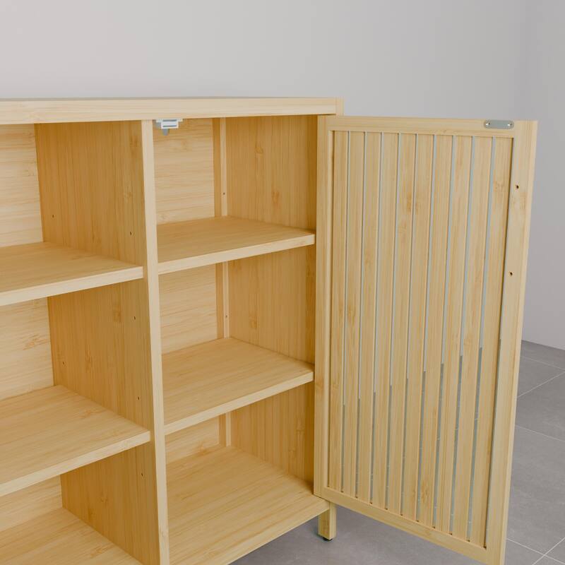 Bamboo Storage Cabinet with Doors and Open Shelves, Narrow Freestanding Accent Cabinet Bathroom High Cabinet
