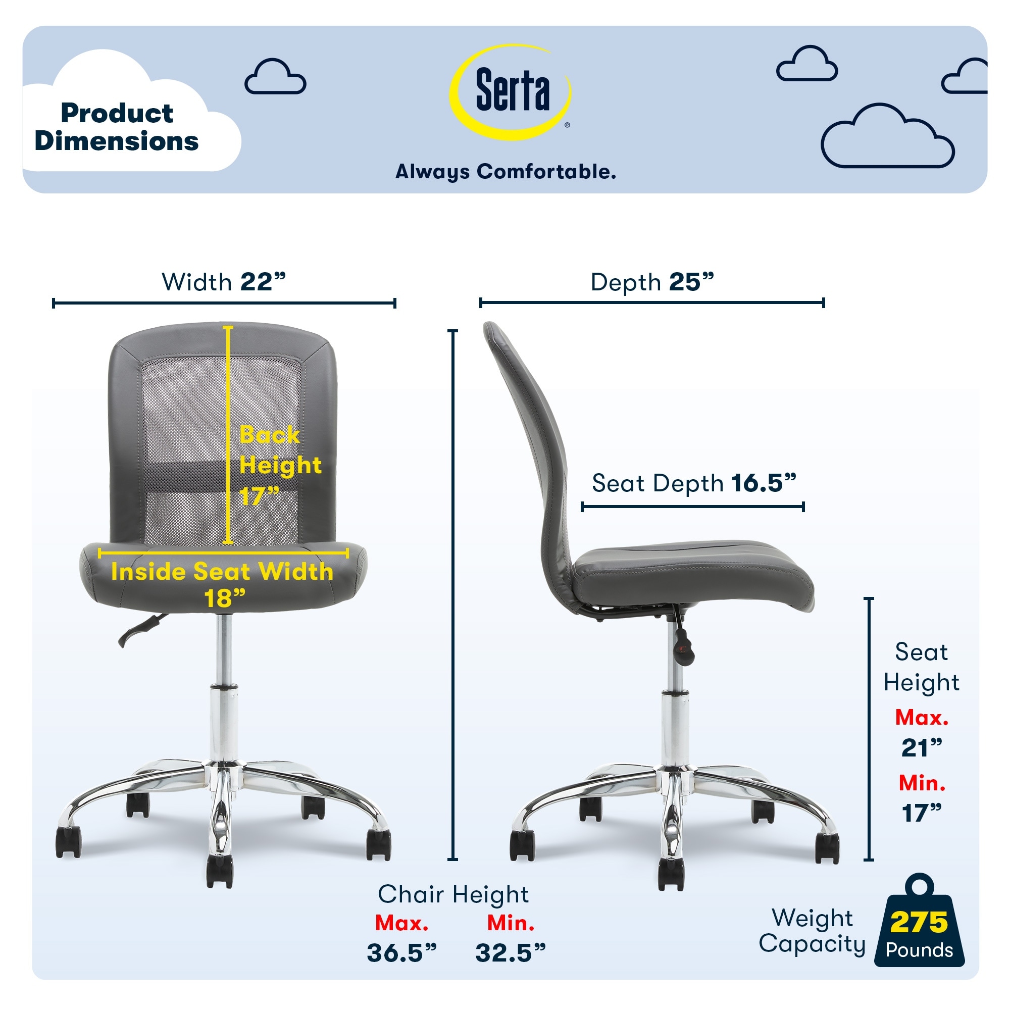 Serta Essentials Ergonomic Armless Task Chair Faux Leather and
