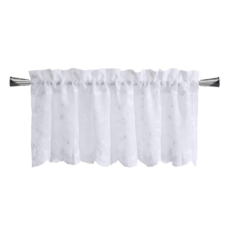 Grandeur Embroidered Sheer Curtain Valance and Tiers with Scallop Detail