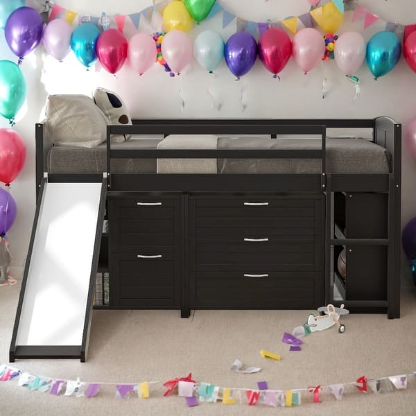 slide 2 of 60, Modern Twin Size Low Loft Bed with Cabinets,Shelves and Slide For Bedroom,Kids