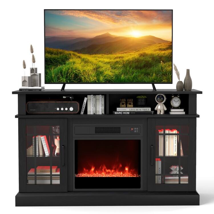 MDF Fireplace TV Stand with RGB LED, Remote and Storage - 48" L x 16" W x 29" H - Black