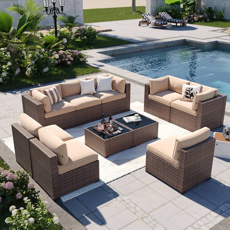 AOXUN Wicker Rattan Outdoor Sectional Sofa Set with Coffee Table - 10 pcs - Brown-Khaki