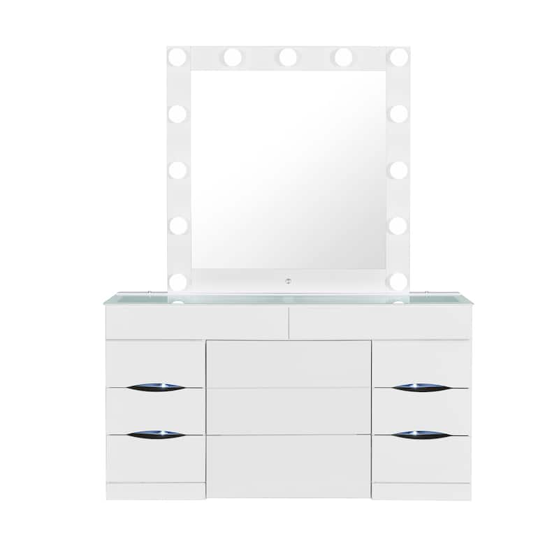 HomeRoots 62" White Wood And Glass Six Drawer Vanity Table With Mirror Seating And Lights