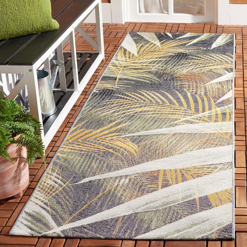 SAFAVIEH Barbados Bernadeta Tropical Botanical Waterproof Patio Backyard Rug - 2'8" x 8' Runner - Black Green/Gold