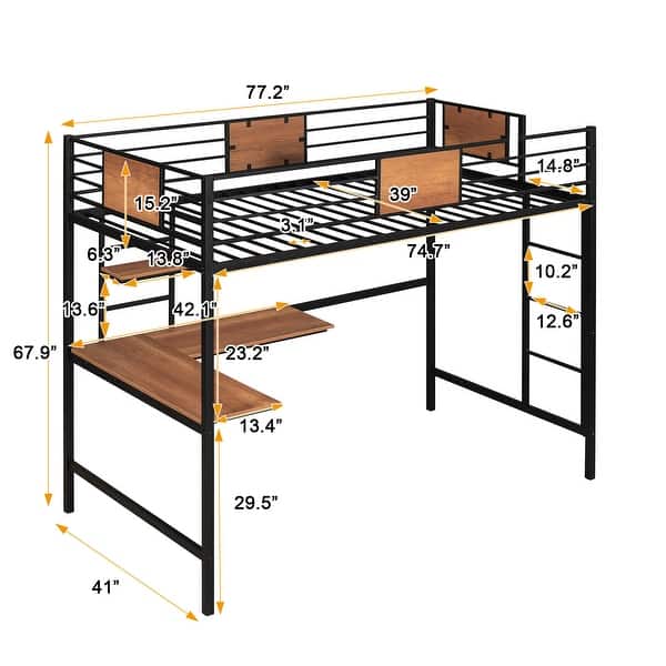 Twin Metal Loft Bed with Shelves, 2 built-in ladders and Desk, Black