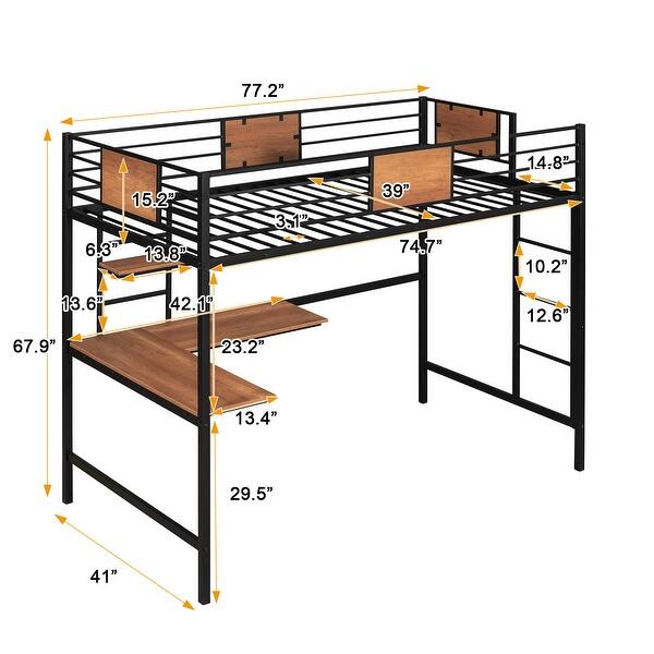 dimension image slide 0 of 2, Twin Size Metal Loft Bed Frame with L-shaped Desk, Bookshelf, Headboard, Ladder, Full-length Guardrail - No Box Spring Needed