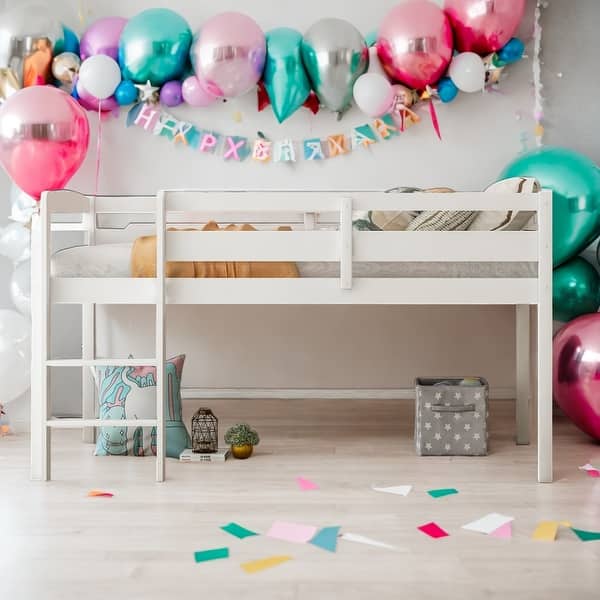 slide 2 of 7, Modern Twin Size Wood Low Loft Beds With Ladder And Solid Construction For Kids Bedroom White