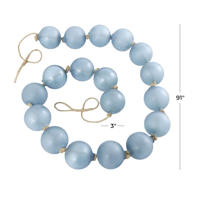 Teal Glass Handmade Round Extra Long Frosted Orb Beaded Garland with Tassel with Knotted Jute Rope