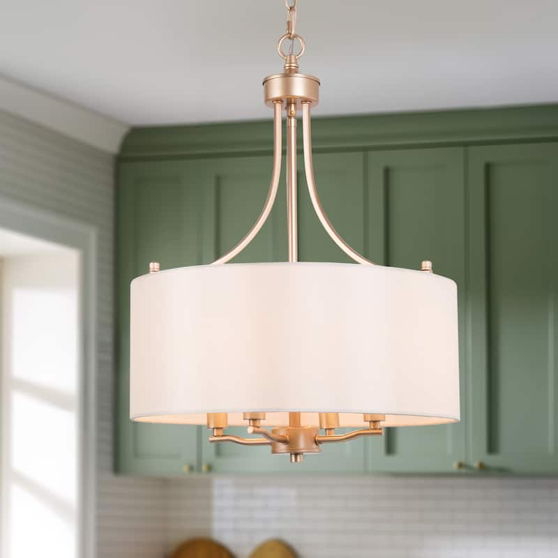 Mid-Century Modern Gold Drum 4-Light Chandelier with Fabric Shade - 16"Dx21.5"H