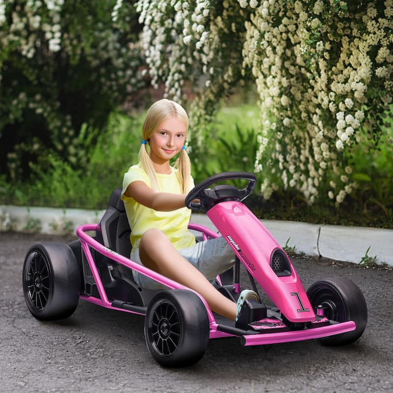 24V Electric Drift Go Kart with Safety Belt, Pink All-Terrain Car Battery Powered Electric Car with Music - Pink