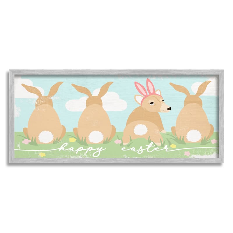 Stupell Happy Easter Sentiment Bunny Tails Funny Corgi Dog Framed Wall Art - Green - 30 x 13 - Grey