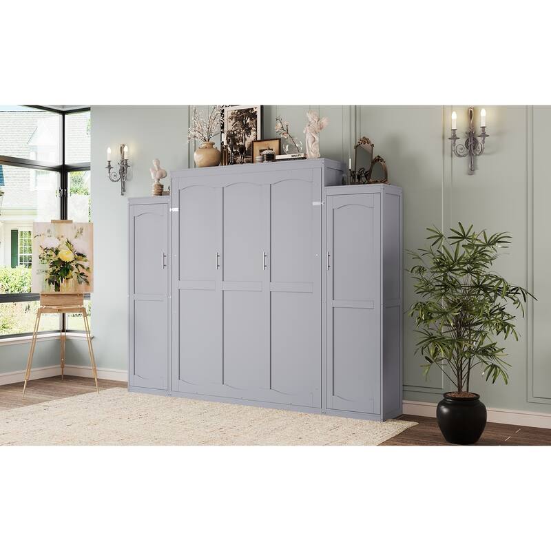 Wooden Queen Wall Bed with 2 Wardrobe and Storage Shelf