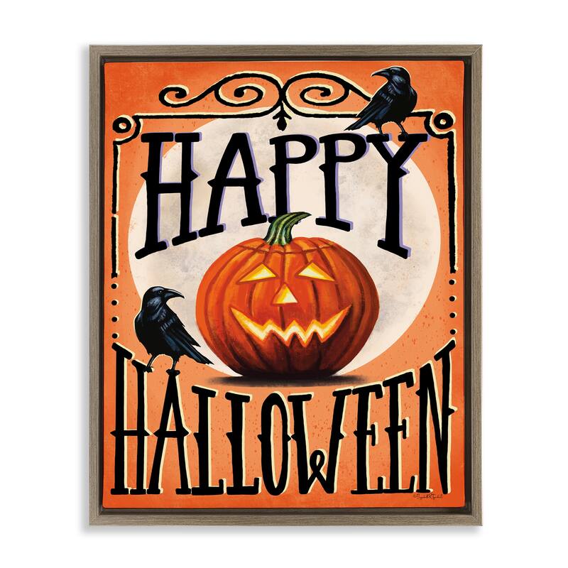 Stupell Happy Halloween with Crows Framed Floater Canvas Wall Art Design By Elizabeth Tyndall - 25 x 31 - Brown