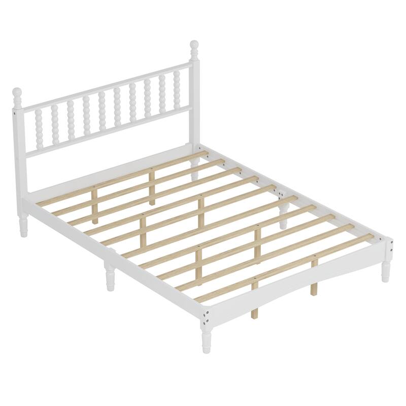 Queen Size Wood Bed Frame with Gourd Shaped Headboard, Retro Style Platform Bed with Wooden Slat