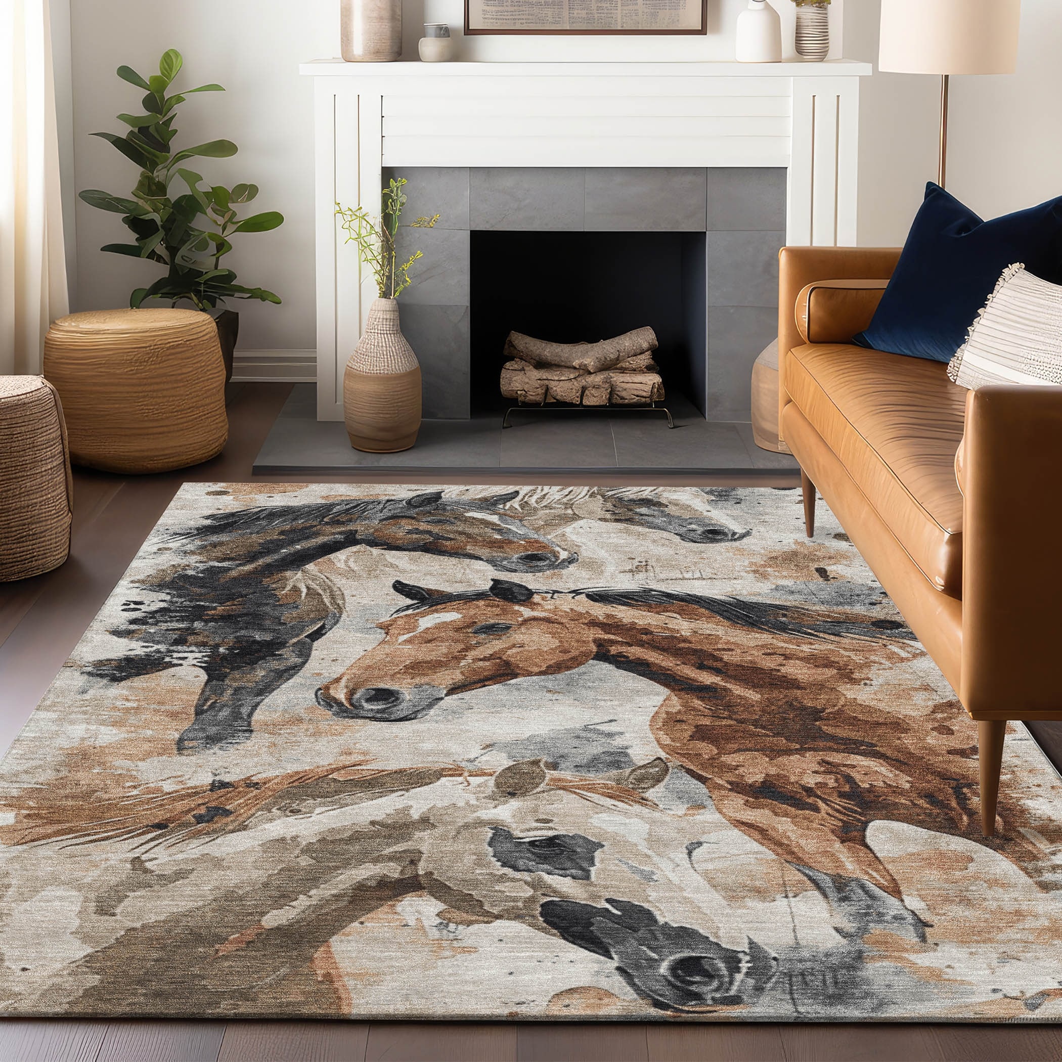 Machine Washable Indoor/ Outdoor Horses Chantille Rug
