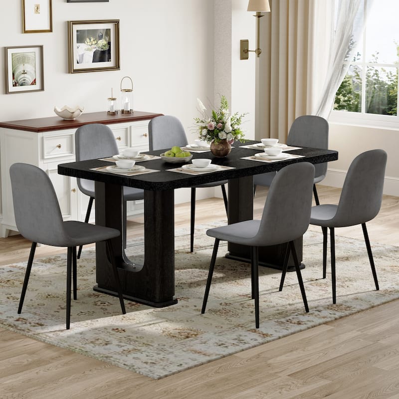 7-Piece Modern Dining Table Set, 64.5x35.4 Inch Textured Wood Table & 6 High-Resilience Fabric Chairs with Metal Legs