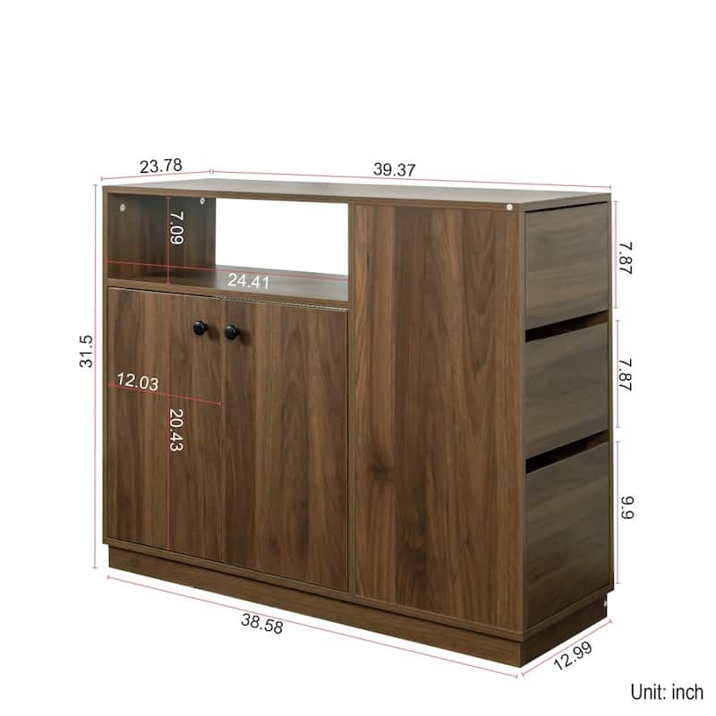 39.37" Kitchen Cabinet Sideboard Storage with 2 Glass Sliding Doors and 3 Drawers