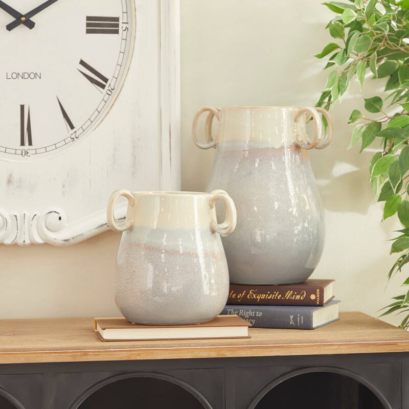 White Ceramic Decorative Vase with Handles (Set of 2) - 10 x 9 x 12