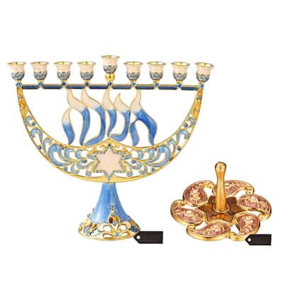Matashi Menorah Candelabra w/Star of David w/ Hanukkah Design and Red Floral Spinning Dreidel Holiday Ornaments