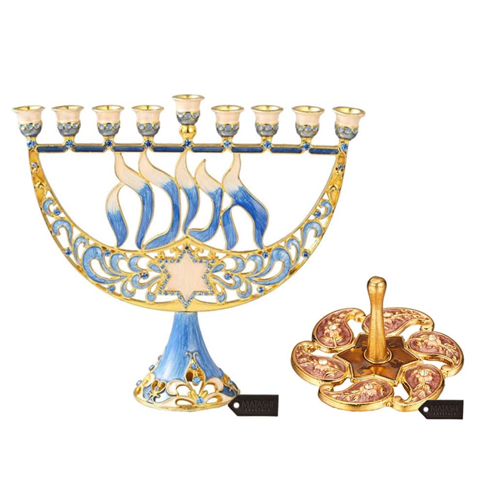 Matashi Menorah Candelabra w/Star of David w/ Hanukkah Design and Red Floral Spinning Dreidel Holiday Ornaments