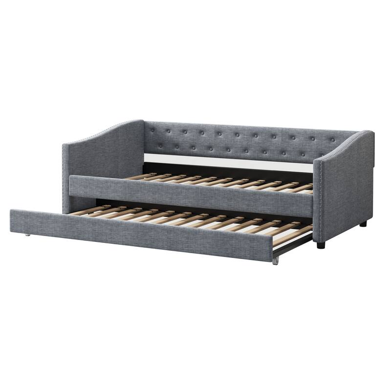 Linen Tufted Daybed with Trundle, Upholstered Platform Sofa Bed Frame, Wooden Slat Support
