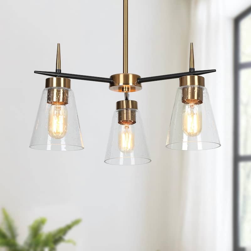 Aditi Mid-century Modern Round Black Gold Bedroom Chandelier for Dining Room with Seeded Glass - Plating Brass - D 17"* H 18.5"
