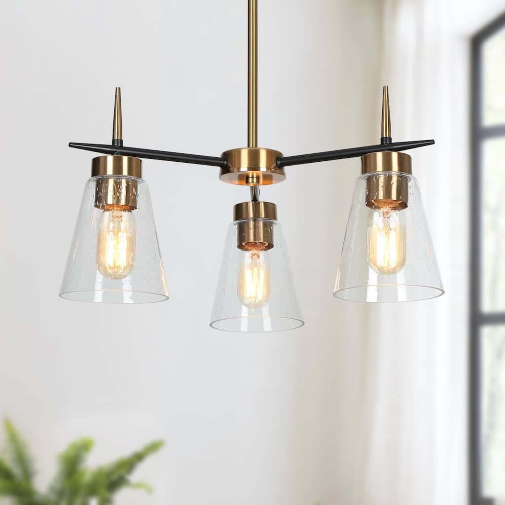 Aditi Mid-century Modern Round Black Gold Bedroom Chandelier for Dining Room with Seeded Glass - Plating Brass - D 17"* H 18.5"