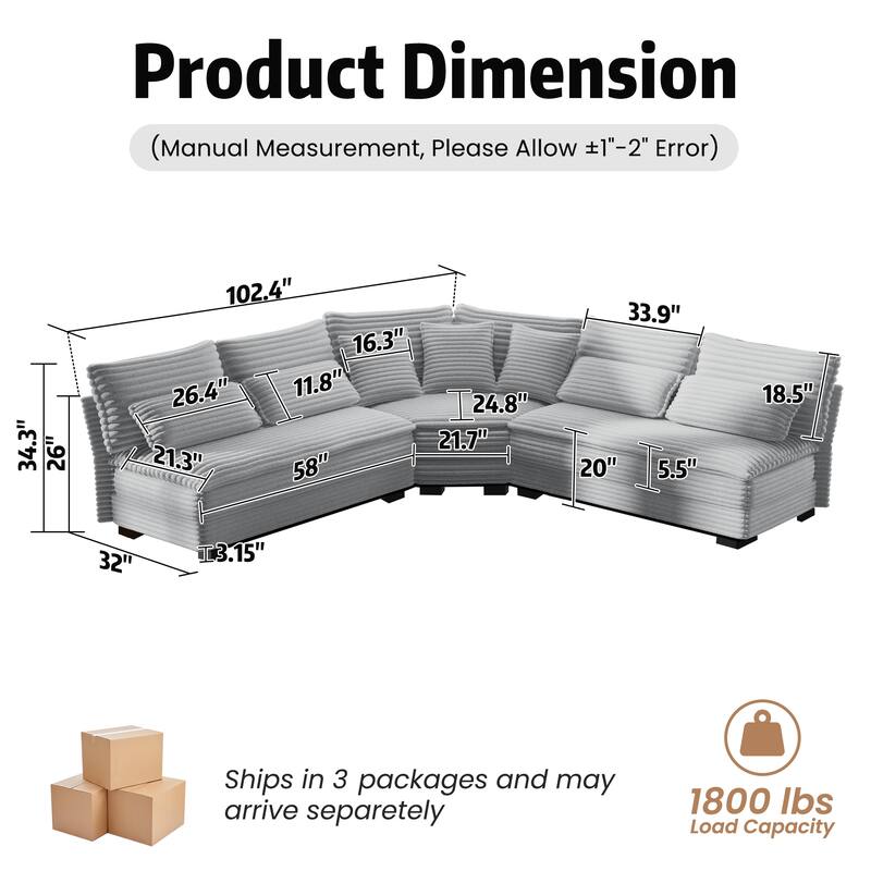 5-Seater L-Shaped Sectional Sofa with Curved Corner - Plush Corduroy Fabric, 7 Pillows (3 Throw + 4 Lumbar)