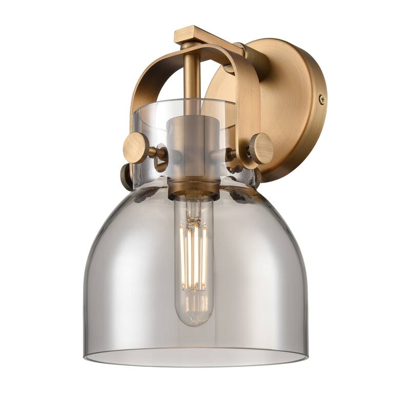 Innovations Lighting Pilaster II Bell - 1 Light 7" Wall-Mounted Sconce - Brushed Brass/Light Smoke
