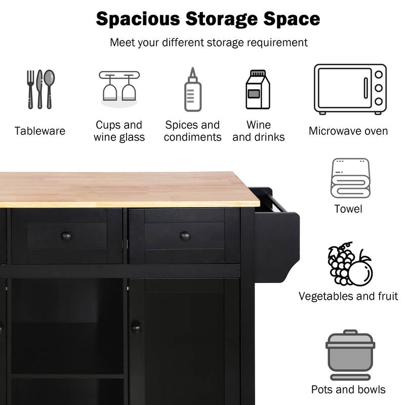 53" Kitchen Island Cart with Rubber Wood Drop Leaf, Rolling Storage Cabinet with Drawers, Spice & Towel Rack