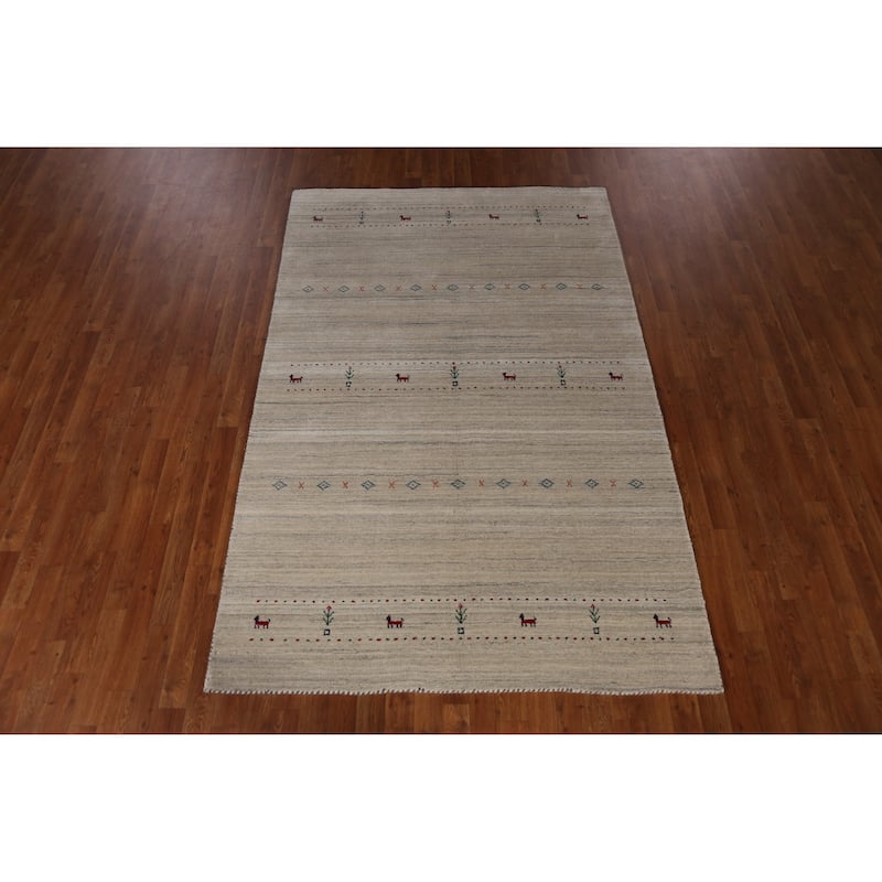 Beige Tribal Gabbeh Indian Area Rug Hand-Knotted Wool Carpet - 5'0" x 7'9"