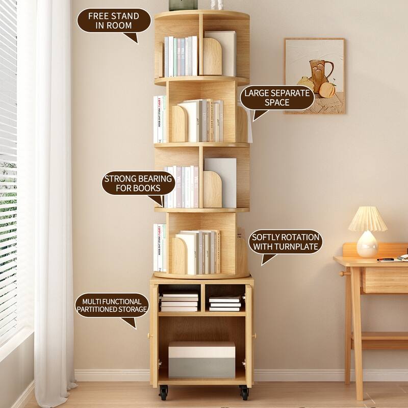 360 Degree Display 5 Tier Corner Bookshelf with Drawer, Floor Standing Bookcase Storage Rack, Wood Narrow Book Shelf Organizer