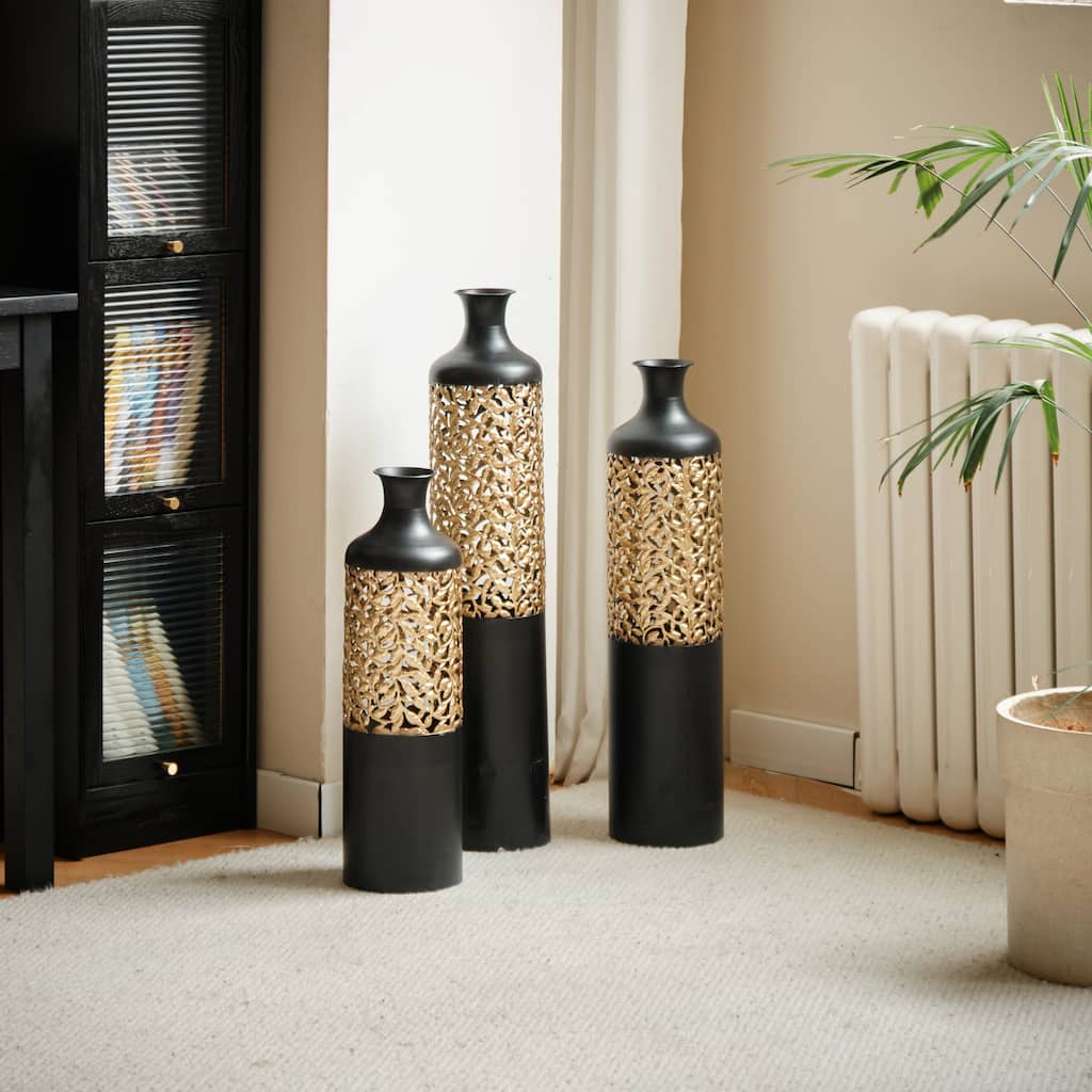 Set of 3 Metal Decorative Glazed Vase with 3D Pattern for Home Office - 28.7in+24.8in+20.8in