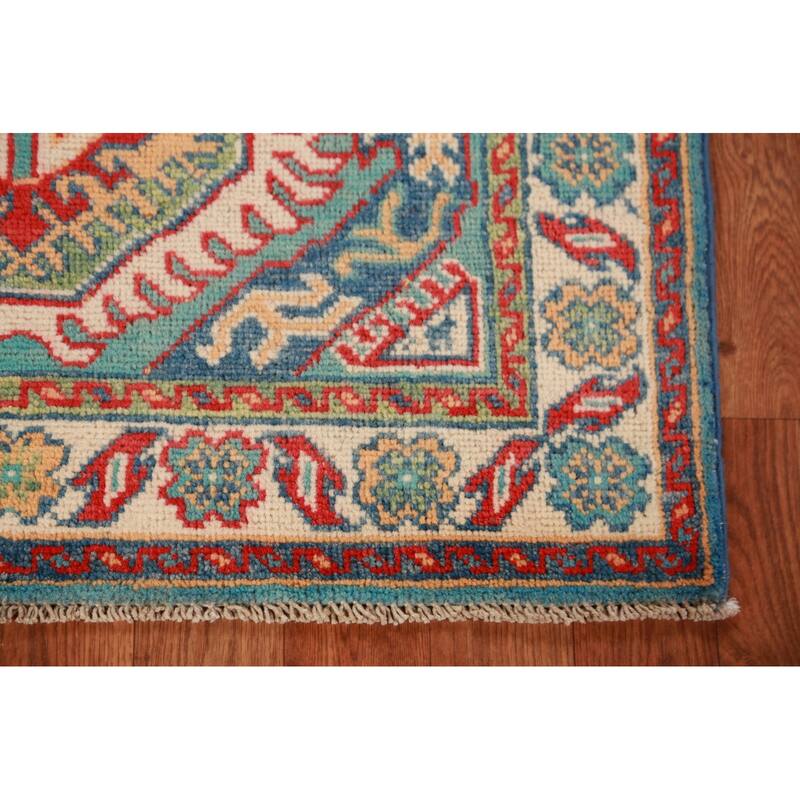 Turquoise Kazak Foyer Rug Hand-Knotted Wool Carpet - 2'8"x 4'1"