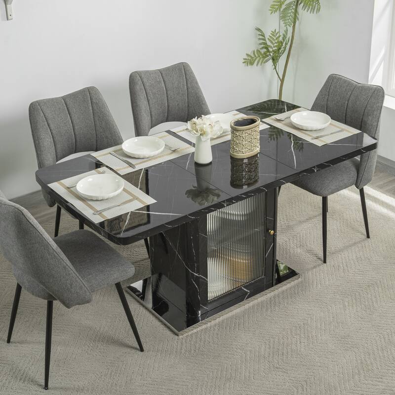 47.24"-63"Modern Rectangle Dining Table, Stretchable, with Printed Black Marble Table Top+Storage Cabinet Table Leg