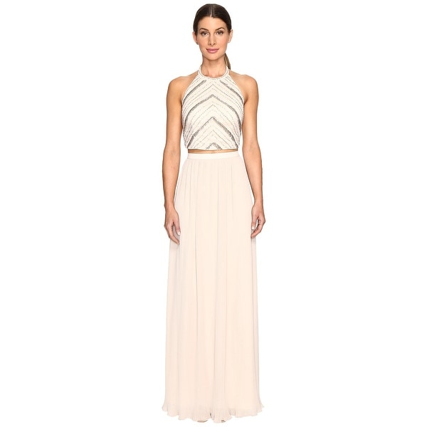 Aidan Mattox Women's Halter Full Length Crop Top Champagne Dress. Opens flyout.