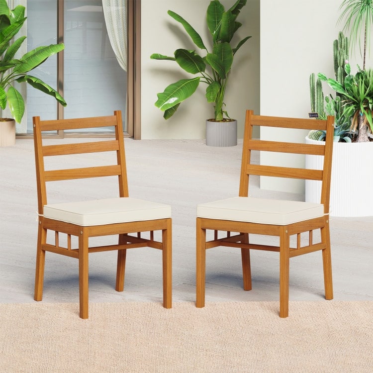 Natural Off-White Acacia Wood Dining Chairs Set of 4 with Cushions - 18” x 21.5” x 34” (L x W x H)