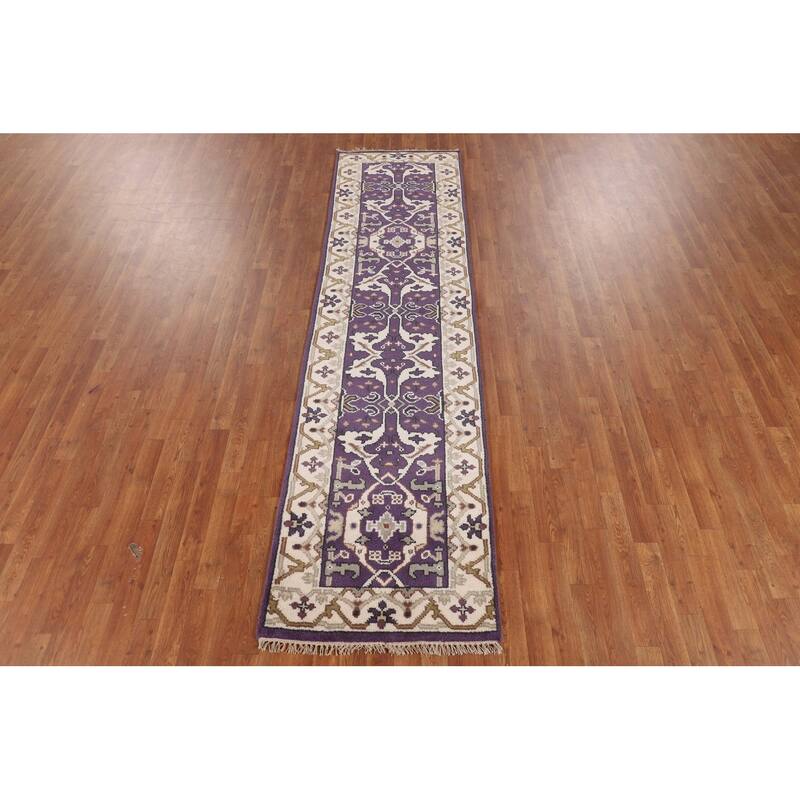 Purple Oushak Oriental Runner Rug Hand-Knotted Floral Wool Carpet - 2'6"x 9'9"