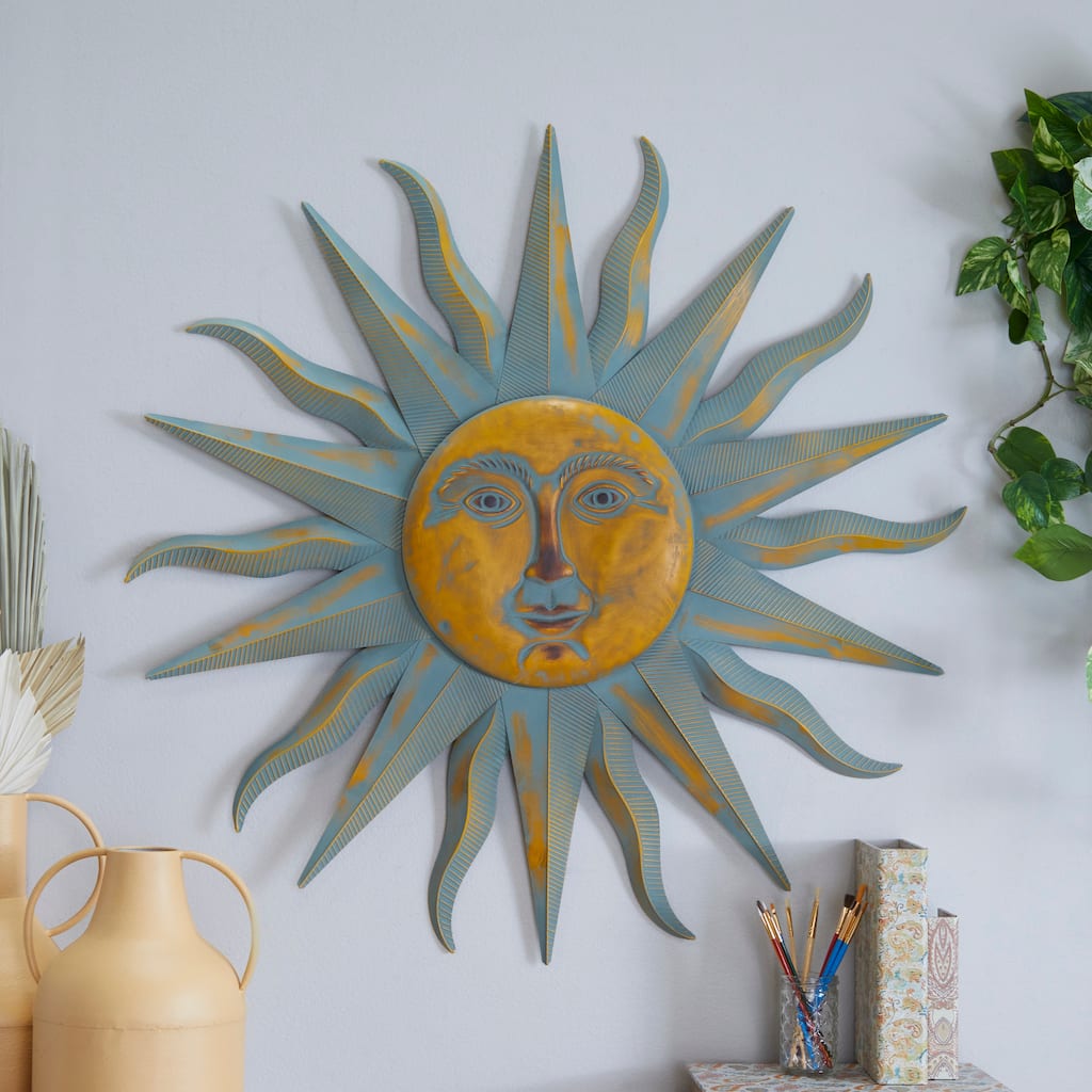 Gold Metal Indoor Outdoor Distressed Sun Home Wall Decor with Copper-Like Accents and Grooves