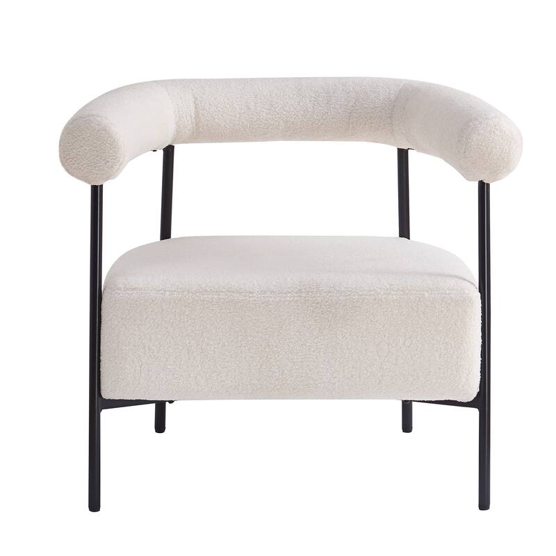 Modern Boucle Fabric Upholstered Accent Chair, Curved Armchair with Black Metal Frame
