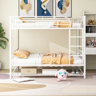 Full Size Metal Bunk Bed with Shelf and Guardrails