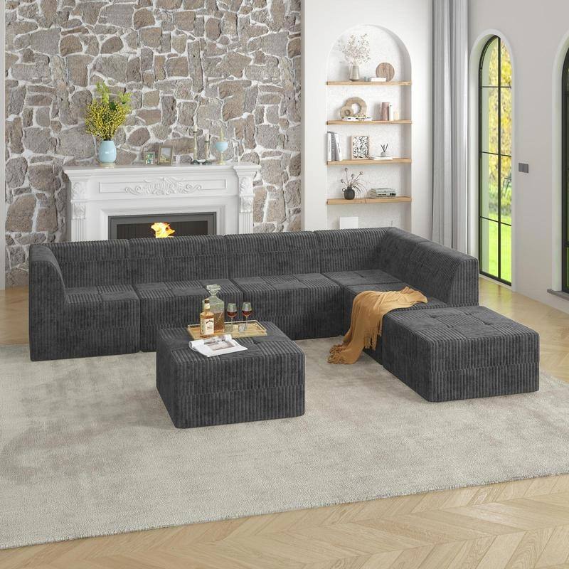 No Tool DIY Sofa Bed, L-Shape Modular Corduroy, Space Saving - Grey-1