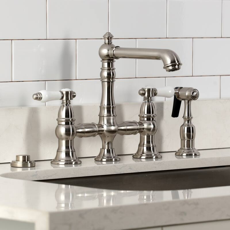 Kingston Brass Bel-Air Two-Handle 4-Hole Deck Mount Bridge Kitchen Faucet with Brass Side Sprayer