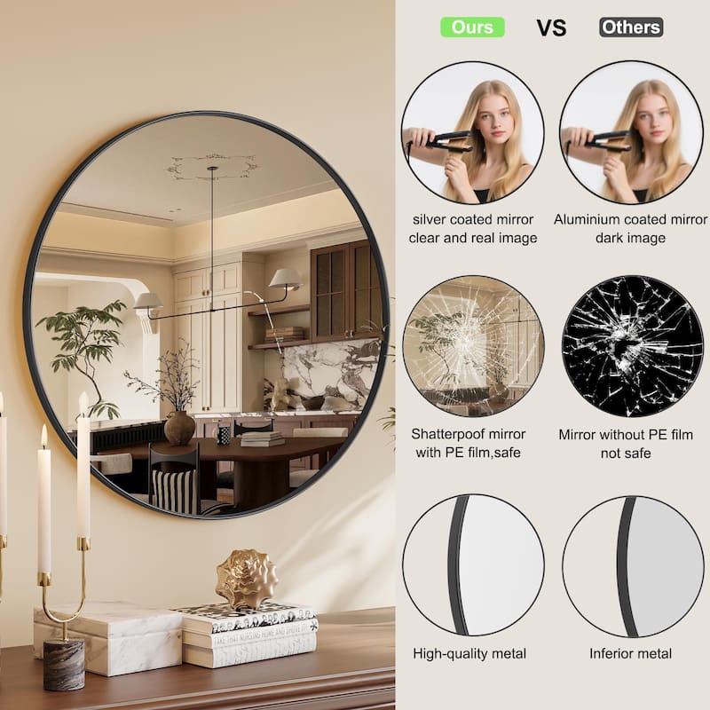 Round Wall Mirror with Metal Frame for Bathroom Vanity(1 Piece)